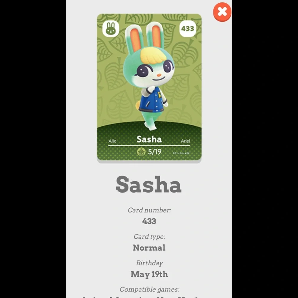 Animal Crossing #433 Sasha Amiibo Card